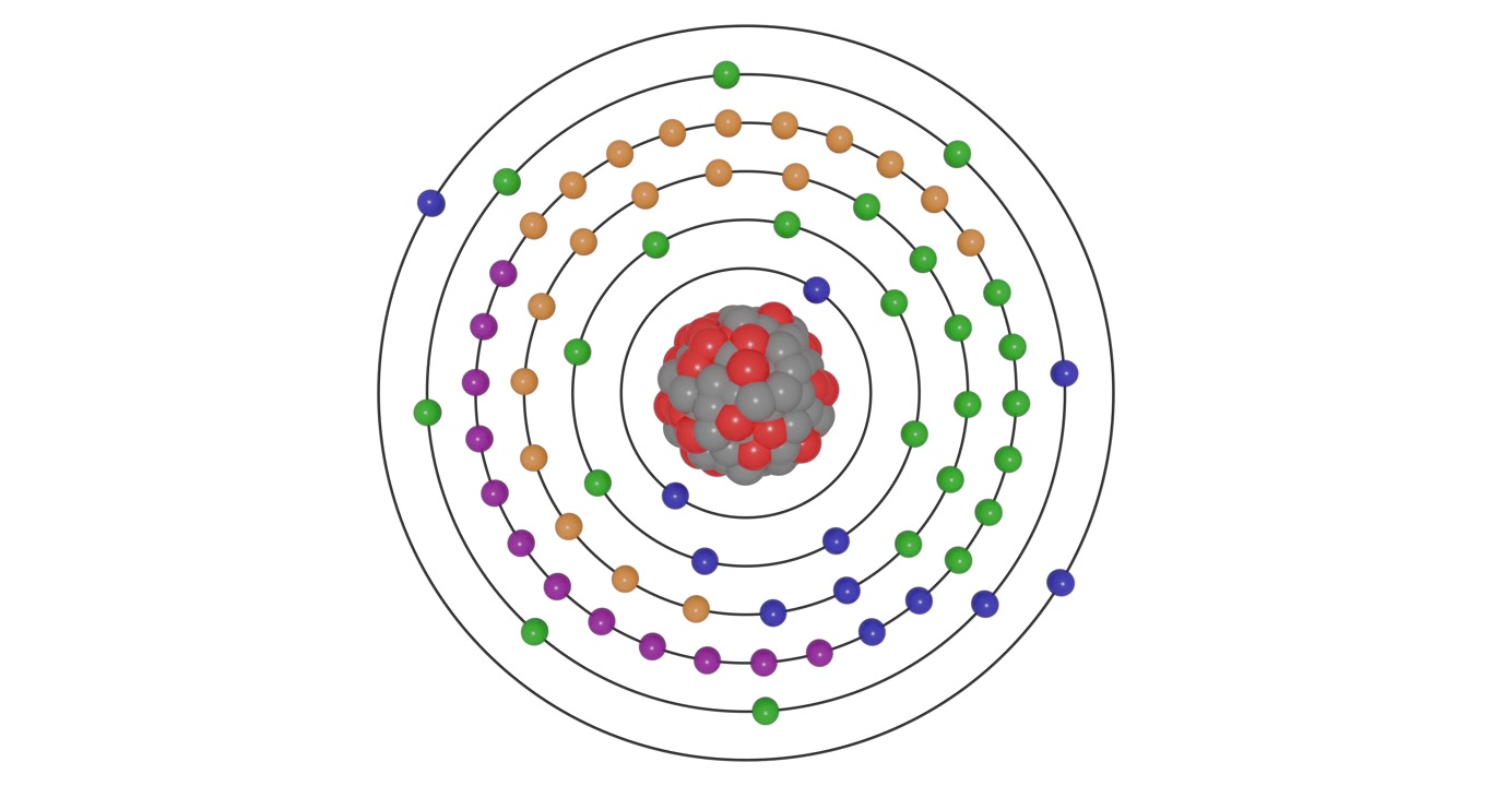 Animazione 3D di un atomo di Erbio che mostra gusci, sottogusci, orbite elettroniche e un nucleo con protoni e neutroni, illustrando la struttura atomica e i livelli energetici per visualizzazioni educative STEM in chimica
