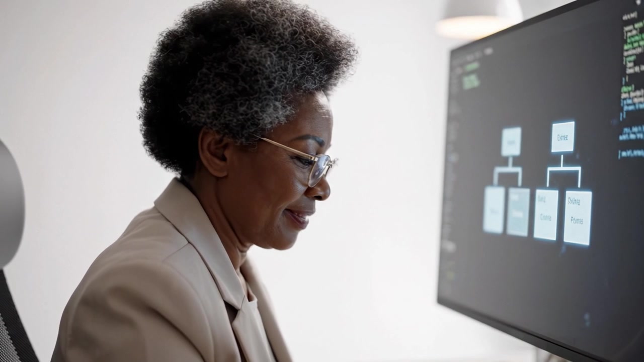 Focused Professional Analyzing Code on Computer, Displaying Data Structures, Specifications, and Programming Logic, Showcasing Expertise in Tech and Development