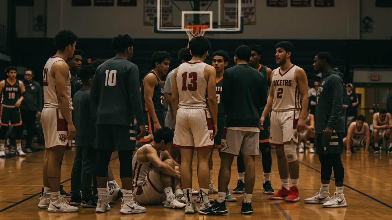 Intense Moments During a High School Basketball Game: Teams Huddle to Strategize as Players Reflect on the Challenge of the Match