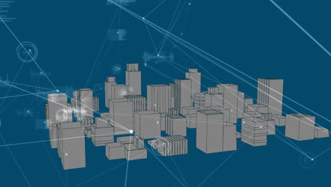 animation of network of connections and data processing over city on blue background