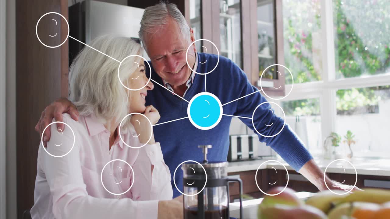 Senior couple connecting over coffee, network nodes appearing and morphing icons into profiles tech
