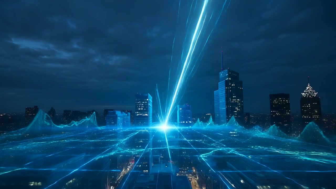 Point appearing in sky extending into cyan beam, striking holo grid over downtown and powering hub