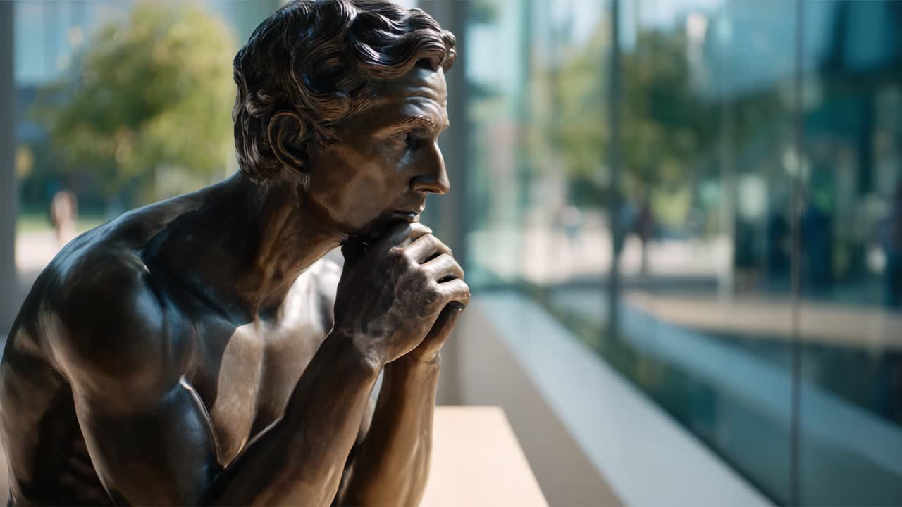 A Thoughtful Bronze Sculpture Depicting a Pensive Male Figure in a Modern Indoor Setting, Evoking Contemplation and Artistic Expression