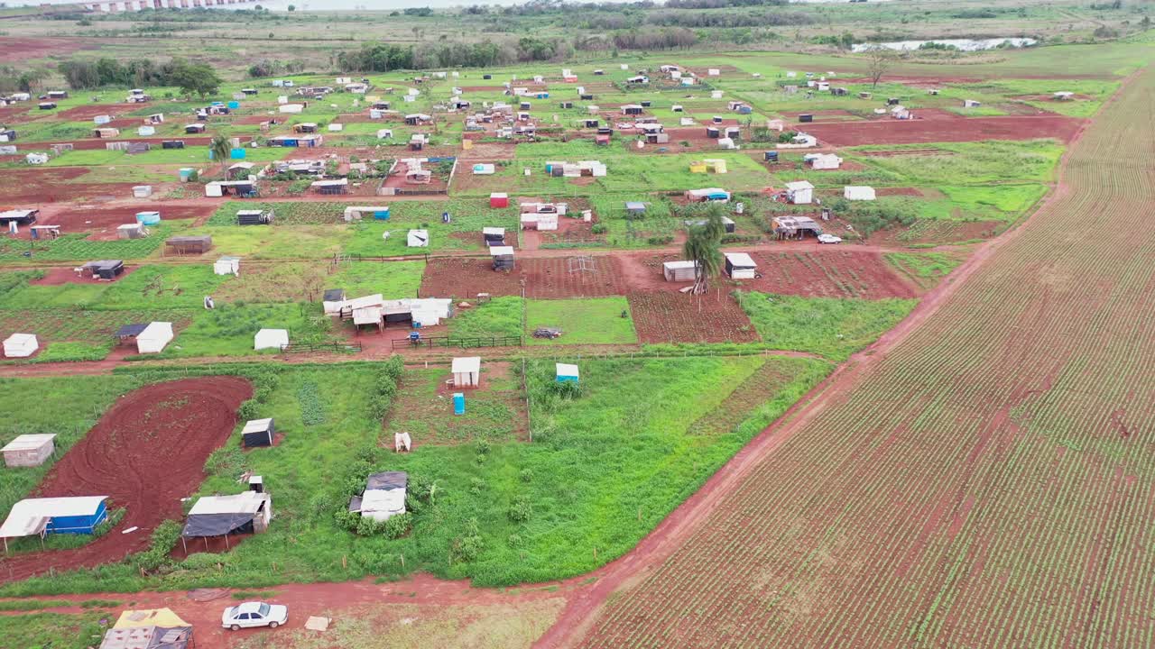 땅 없는 캠프 옆에 콩 작물을 생산하는 농장, 텐트, 가족 농업, 기업식 농업