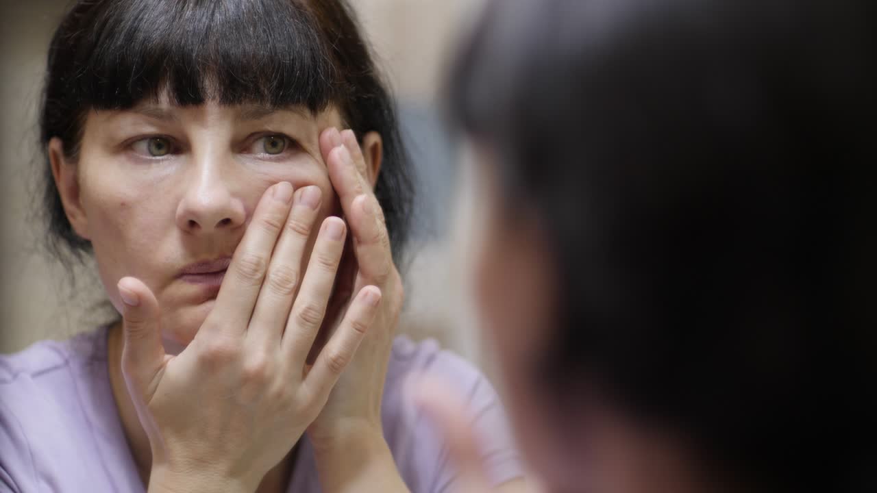 얼굴의 주름에 대해 혼란스러운 여성, 이마의 피부 노화, 거울을 보는 것, 얼굴 피부에 눈에 주름, 눈 주머니에 문제가있는 여성, 어두운 원, 주름, 스트레스, 우울증, 피로 다이어트.