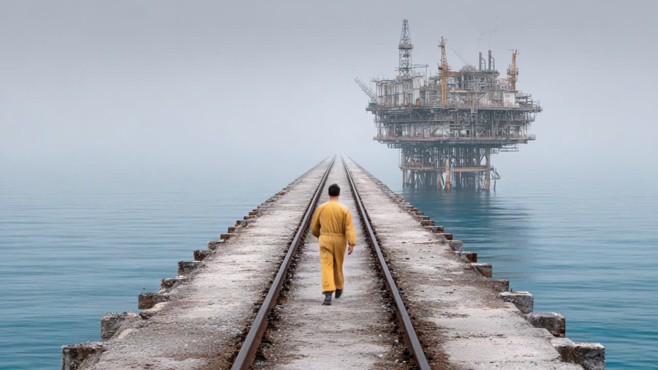 A solitary figure in yellow walks along a misty pier towards an industrial oil platform emerging from the calm sea, capturing themes of isolation and exploration