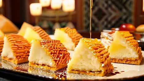 close up of a plate of delicious pastries being drizzled with honey