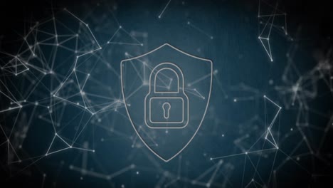 animation of digital shield with padlock and connections in navy digital space