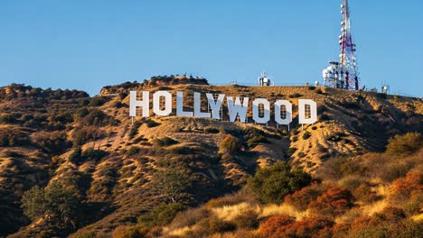 an iconic view of the hollywood sign: an enduring symbol of american cinema and culture set against a clear blue sky and rolling hills