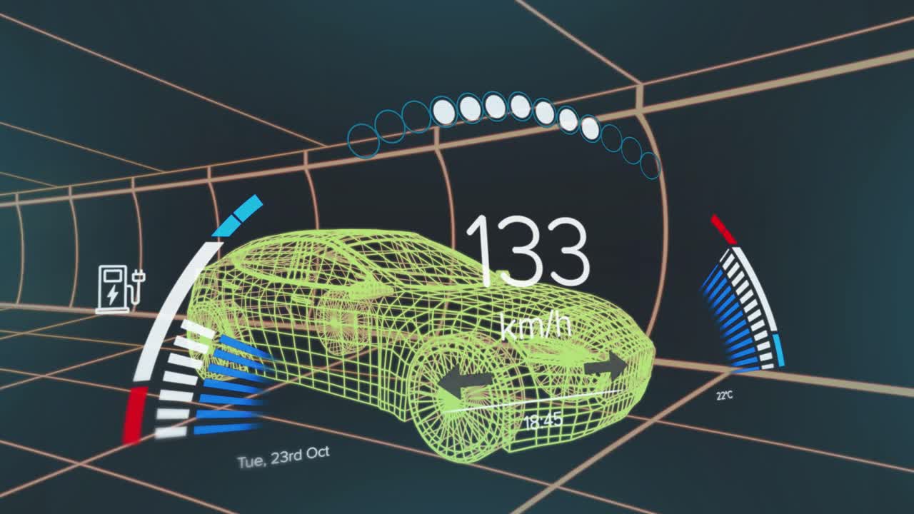 터널에서 원활한 패턴으로 움직이는 3d 자동차 모델에 대한 스피도미터 인터페이스의 애니메이션