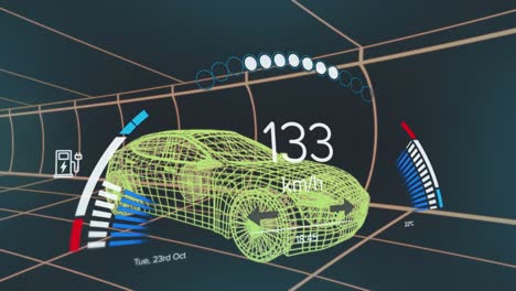 animación de la interfaz del velocímetro sobre un modelo de coche 3d que se mueve en un patrón sin costuras en un túnel.