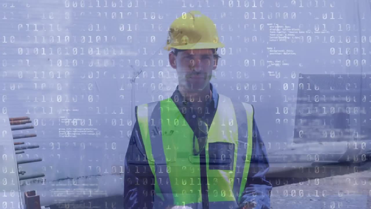 procesamiento de datos de codificación binaria contra un ingeniero caucásico usando una tableta digital