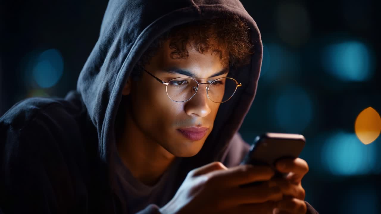 Giovane uomo con una felpa scura con cappuccio che fissa intensamente il suo smartphone, illuminato da una luce soffusa su uno sfondo sfocato di una città notturna, che mostra concentrazione e coinvolgimento