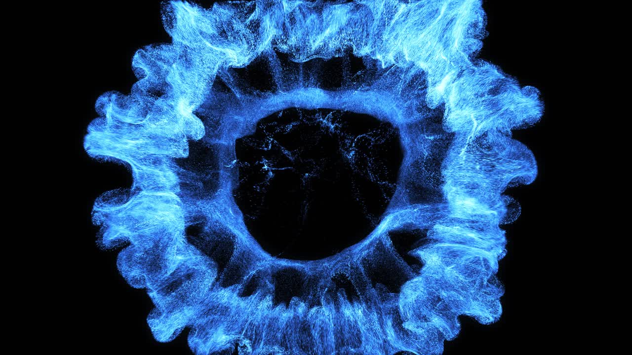 Esplosione dinamica di particelle blu in espansione su sfondo nero