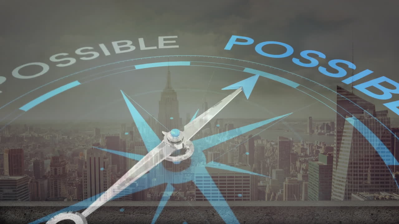 Compass pointing towards POSSIBLE animation over cityscape background