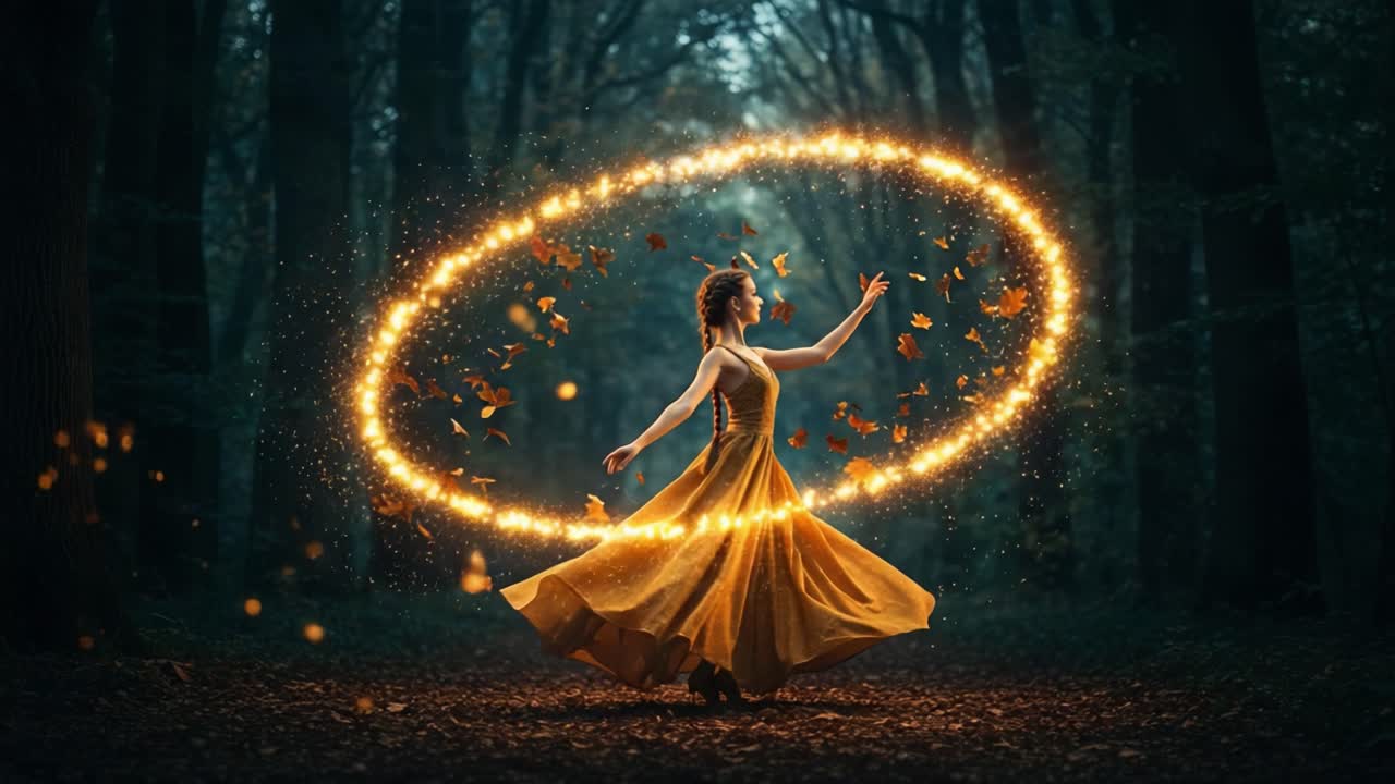 A Magical Dance Through Enchanted Woods: A Graceful Figure in a Yellow Dress Creates an Ethereal Glow Surrounded by Floating Autumn Leaves and Sparkles