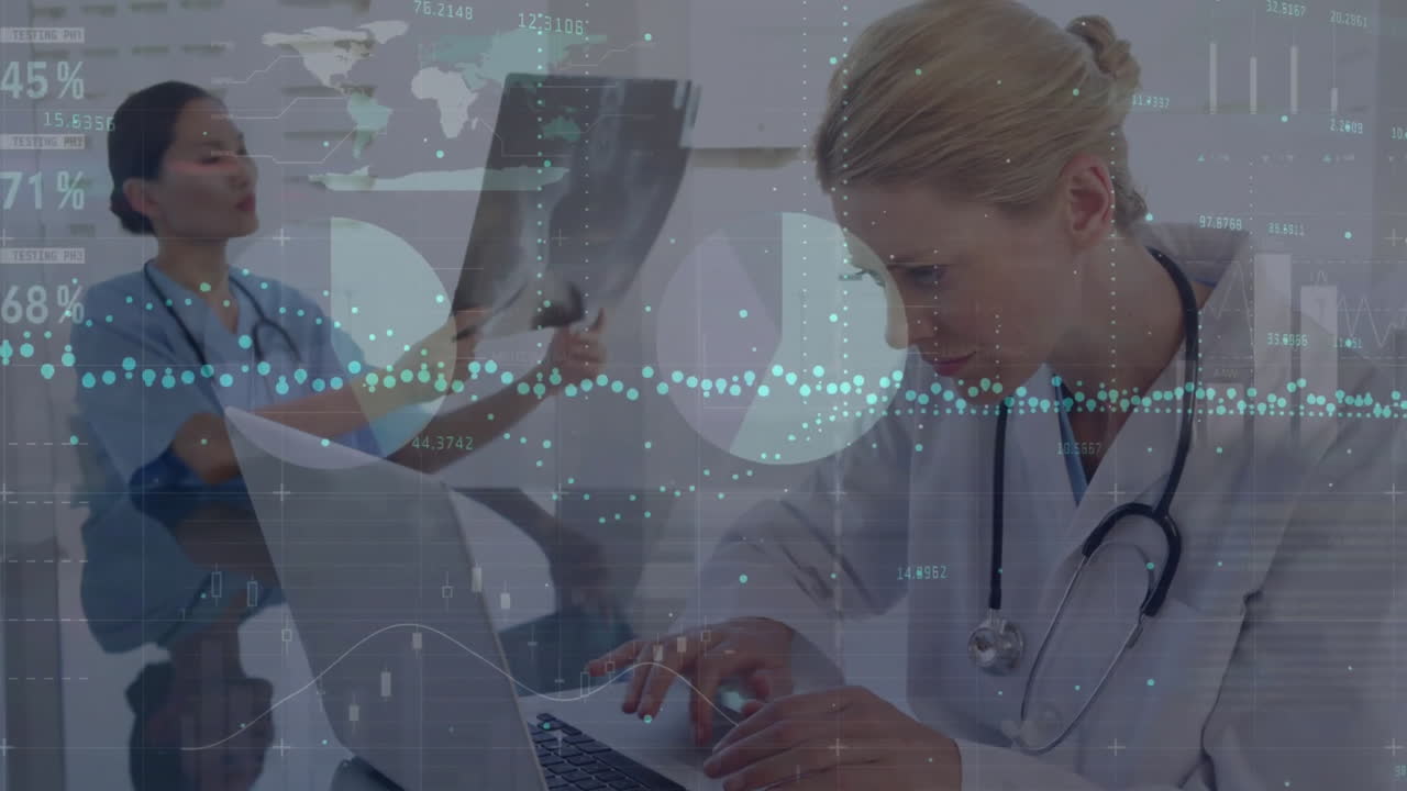 Animation of financial data processing over diverse female doctors working in hospital
