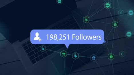 animation of profile icon with increasing followers, network of icons over laptop on wooden surface