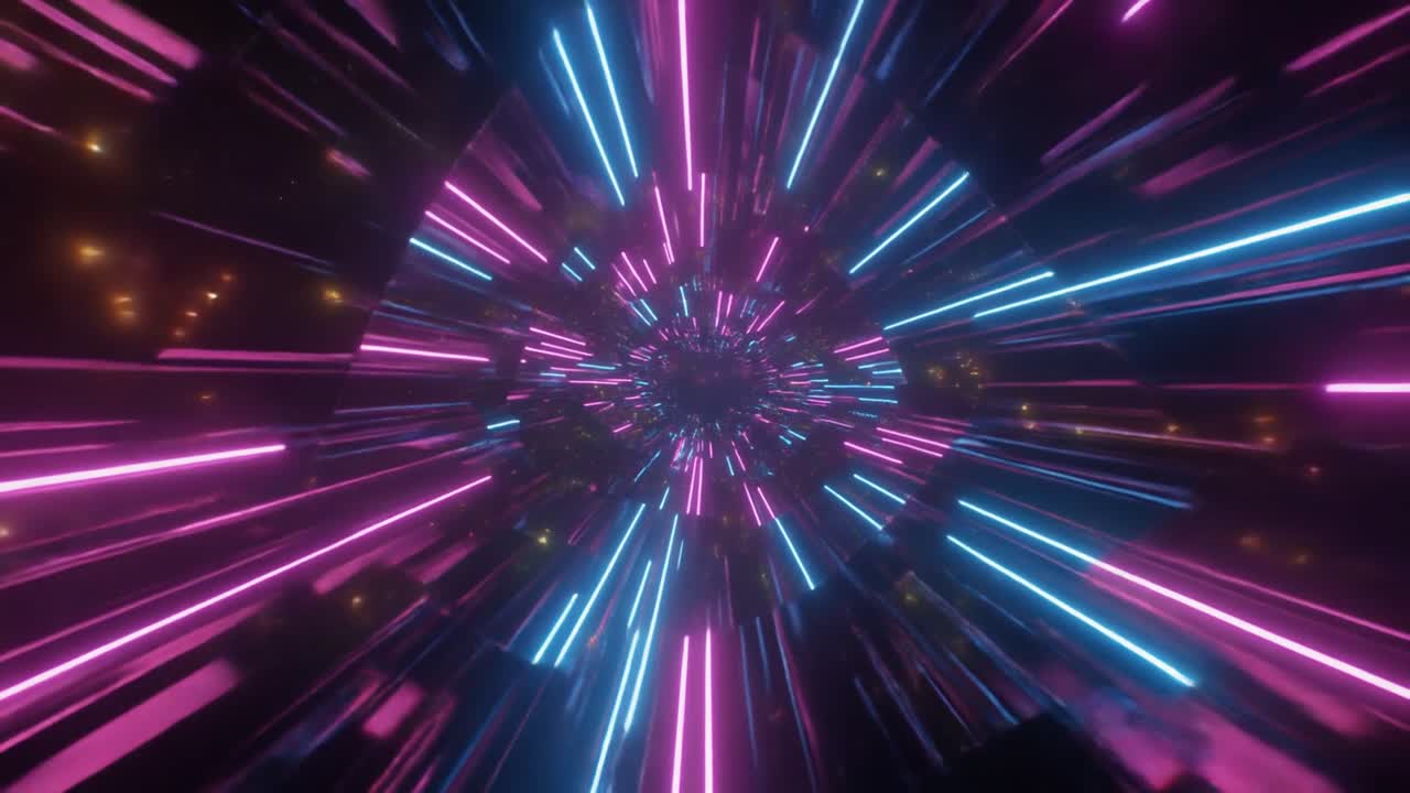 Volando attraverso un tunnel futuristico di luce al neon