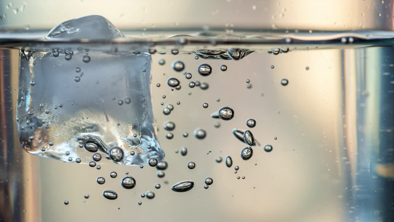 A Captivating Visual of Ice Interacting with Water, Revealing Bubbles and Reflections in a Refreshing Scene of Nature's Dynamics