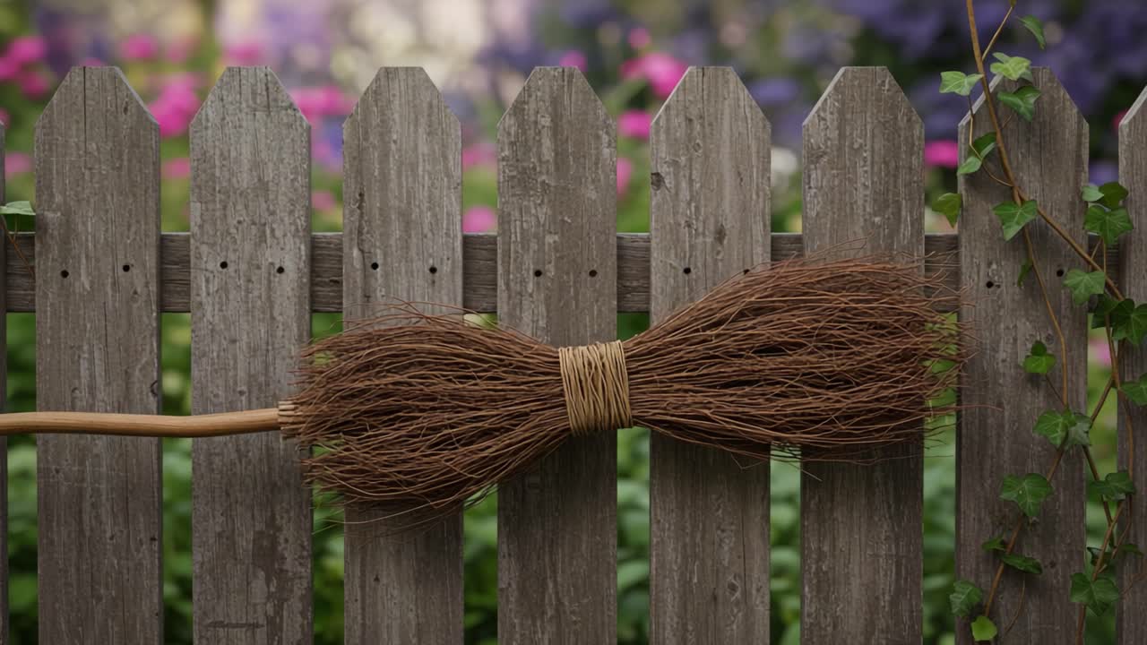 A rustic broom gently resting against a weathered wooden fence, surrounded by colorful flowers, symbolizing simplicity and nature's beauty in everyday life
