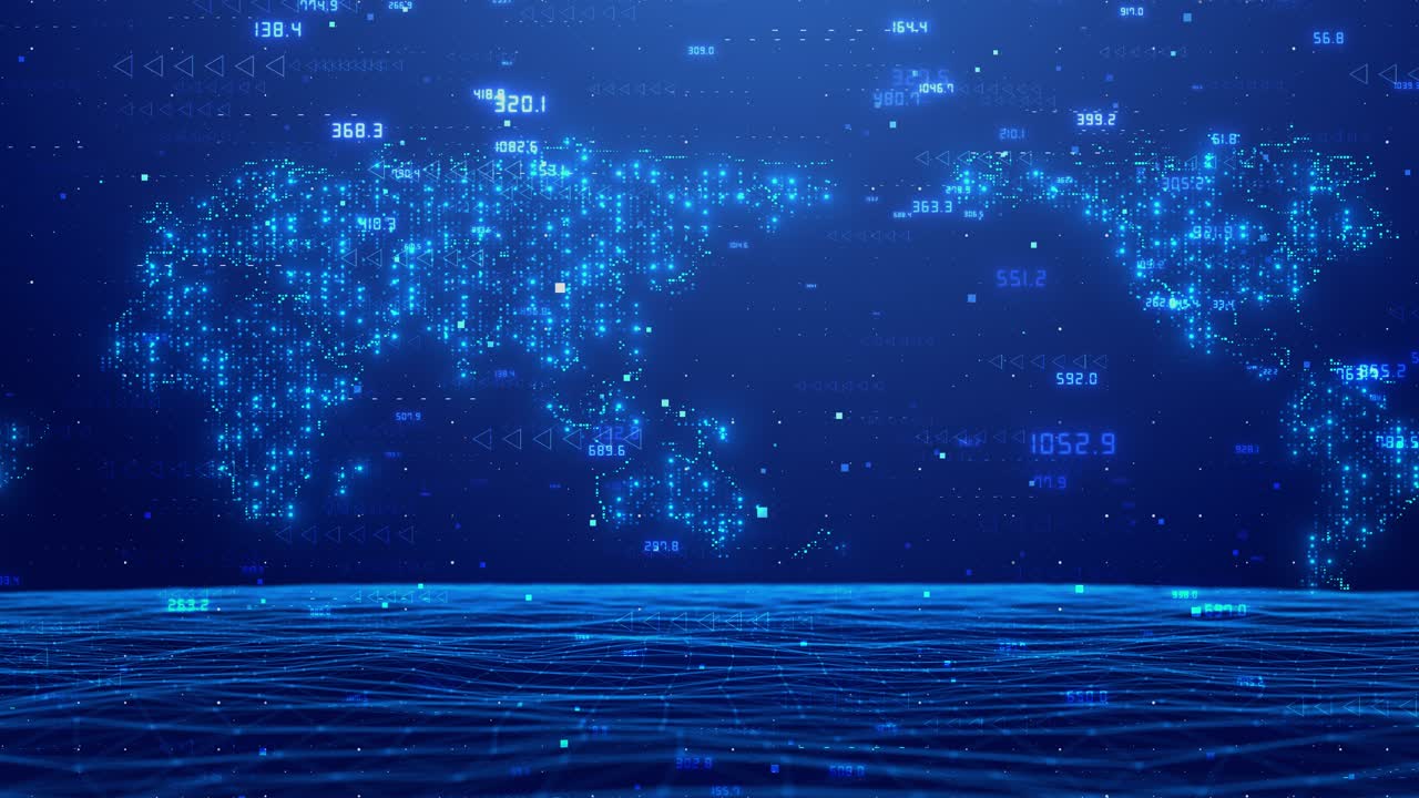 Global earth map rotating digital world breaking news studio animation world map and data processing