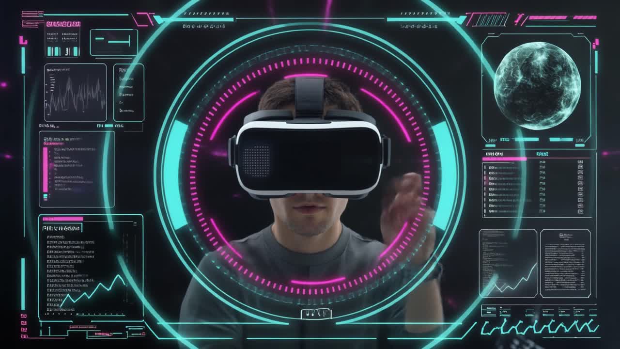 Man Wearing VR Headset Interacting with Futuristic Digital Interface
