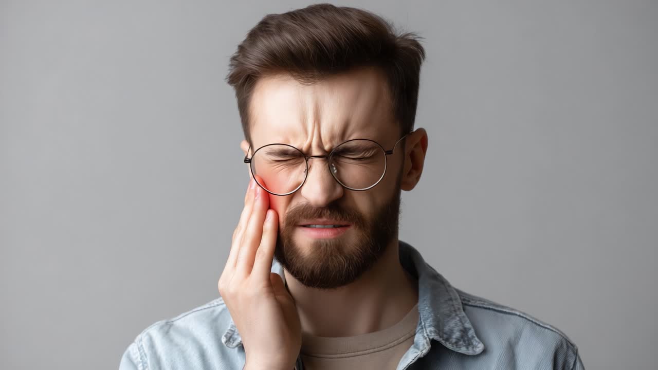 Young man experiencing severe dental pain, holding his face in distress, highlighting the emotional and physical toll of oral health issues, showcasing a moment of discomfort