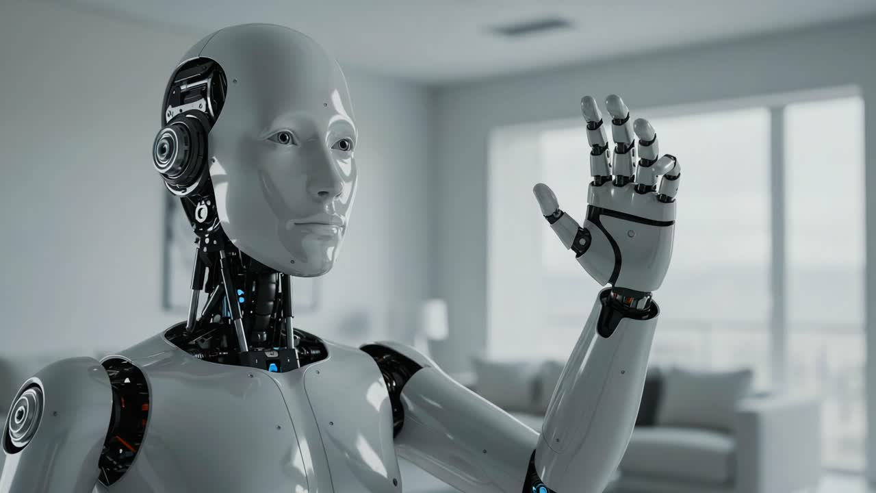 A Futuristic Humanoid Robot Waves in a Modern Apartment, Displaying Advanced Artificial Intelligence and Human-like Features in a Sleek Design