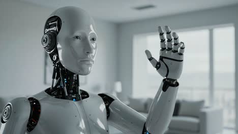 a futuristic humanoid robot waves in a modern apartment, displaying advanced artificial intelligence and human-like features in a sleek design