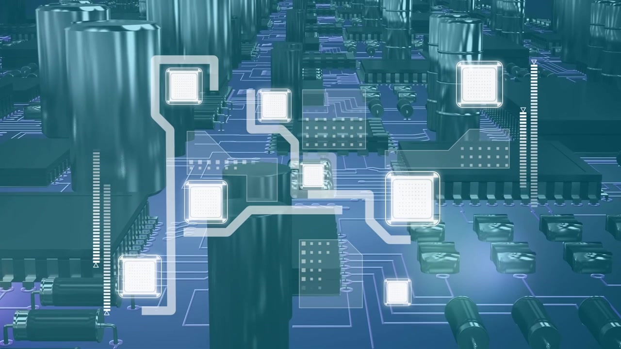Animation of data processing over city and digital padlock of screens