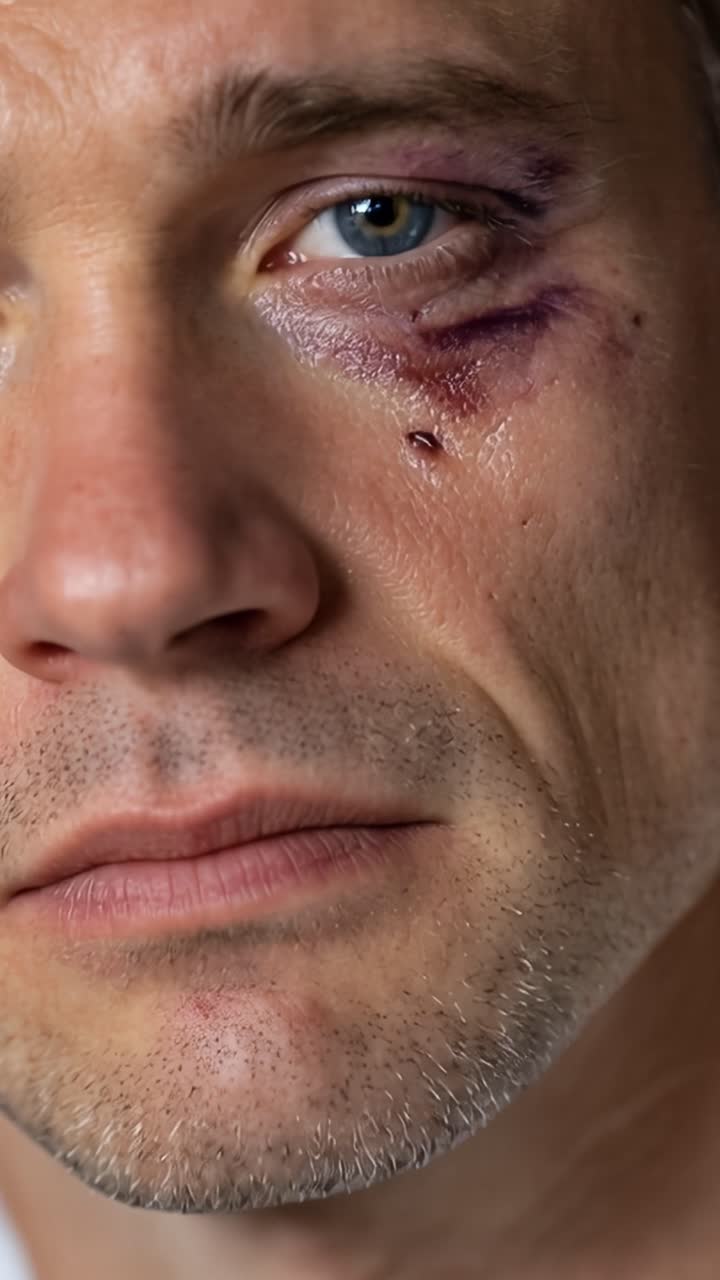 Olho roxo, inchaço escuro, pequeno corte. Lesão grave, expressão calma, sem sinal de dor. Ideal para cenários de crime, acidente ou lesão