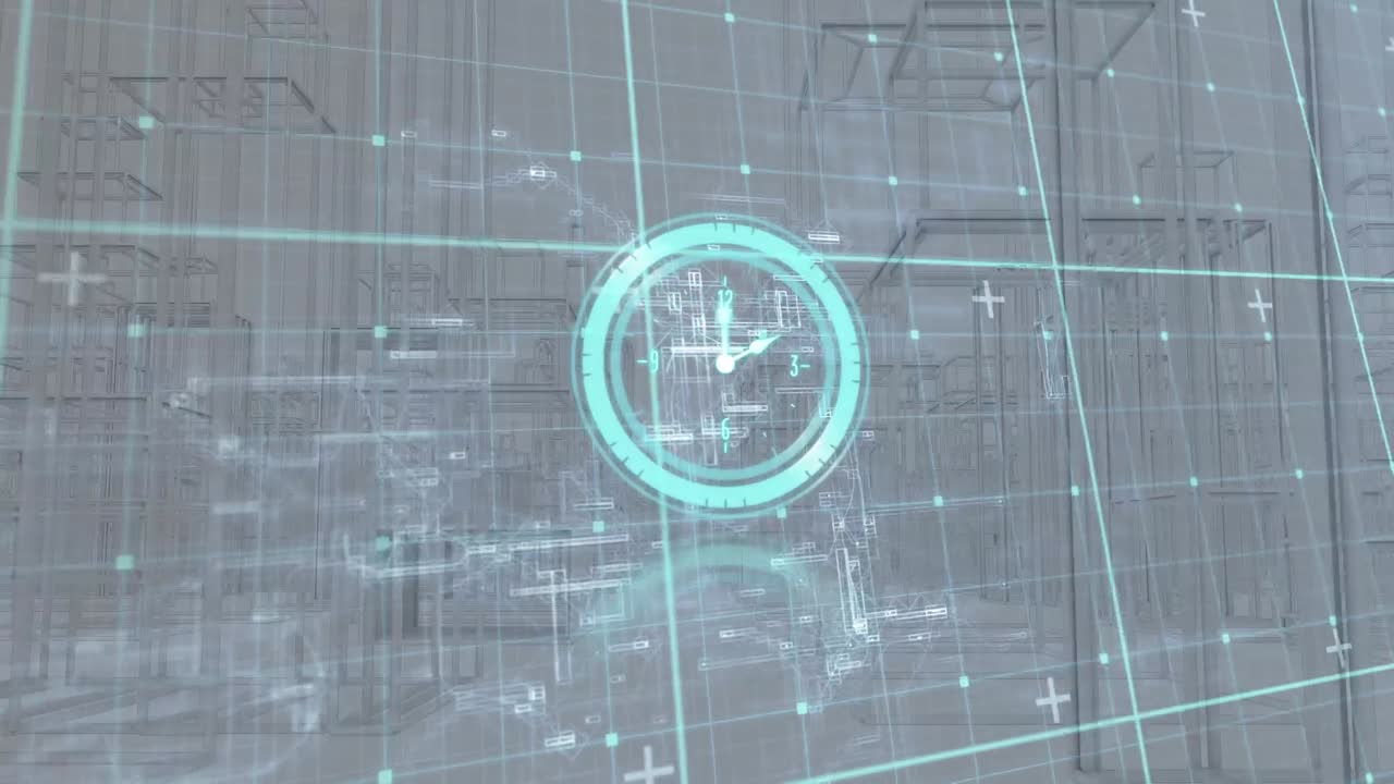 animación del reloj que se mueve sobre la ciudad del metaverso