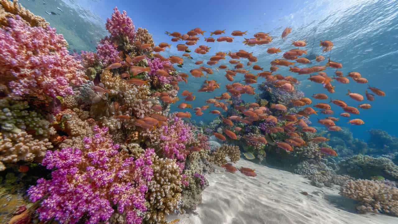 Una vivace scena sottomarina con barriere coralline colorate e banchi di pesci tropicali che nuotano con grazia in acque cristalline.