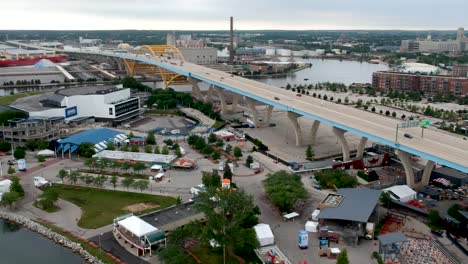 an aerial view of the summer grounds during the festa italiano in milwaukee. the famous design of a beautiful bridge.