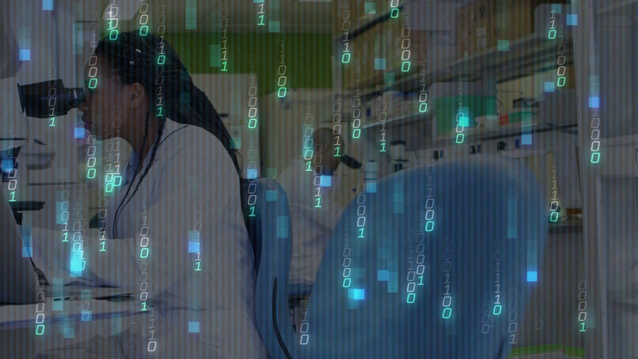 Woman scientist positioning slide animating tech overlay analyzing cells while male pipetting fluid
