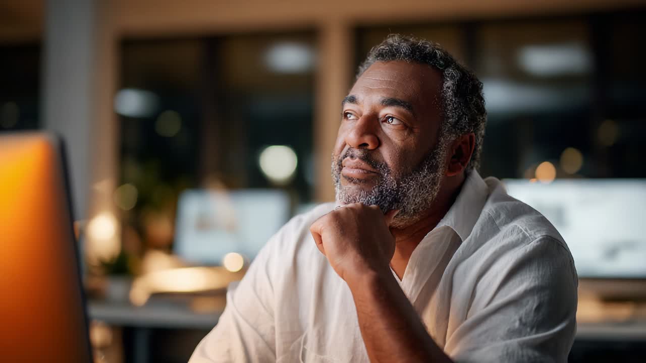 A thoughtful man sits in a dimly lit office, deep in contemplation while looking towards a computer screen, pondering over important life decisions and reflecting on his experiences and future options