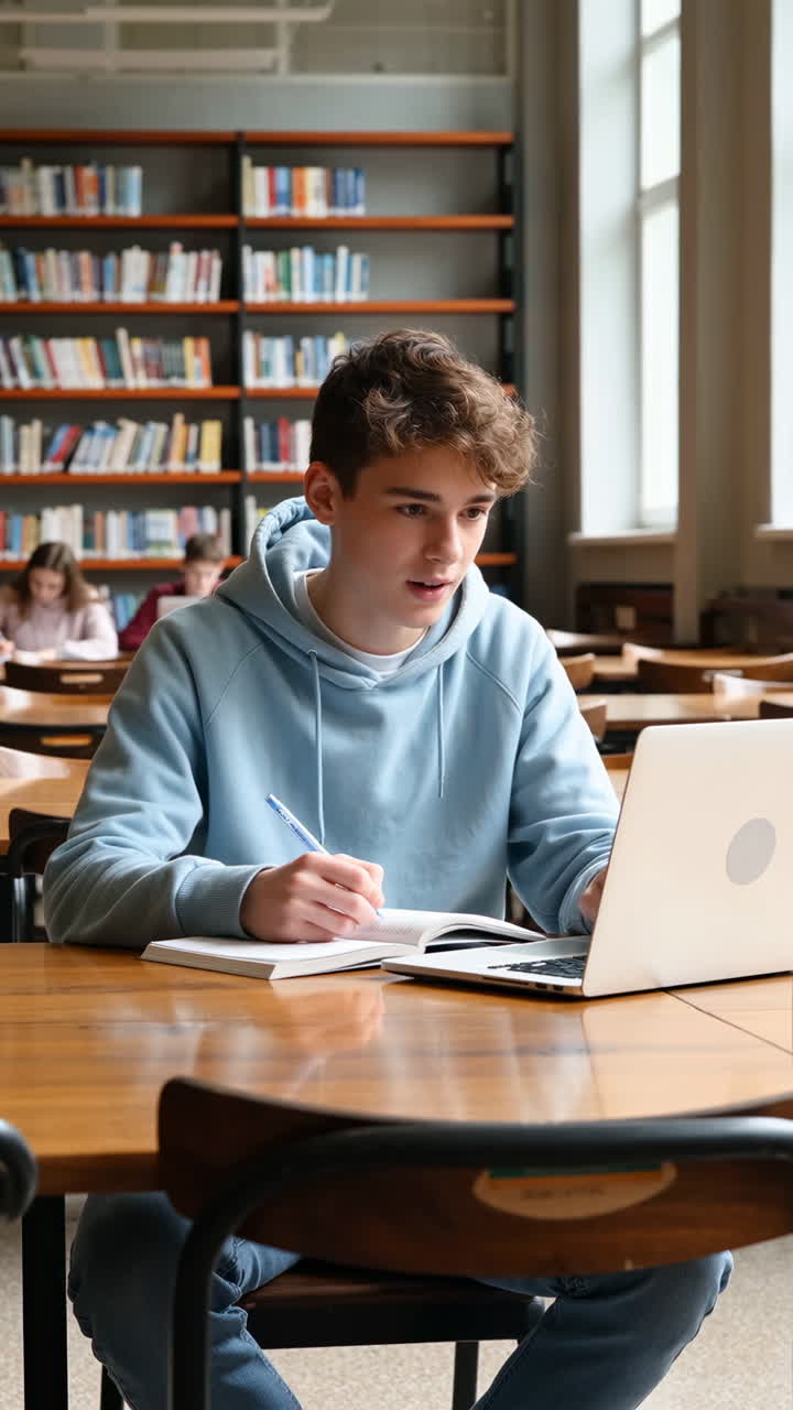 Young man studying on a laptop and taking notes in a library