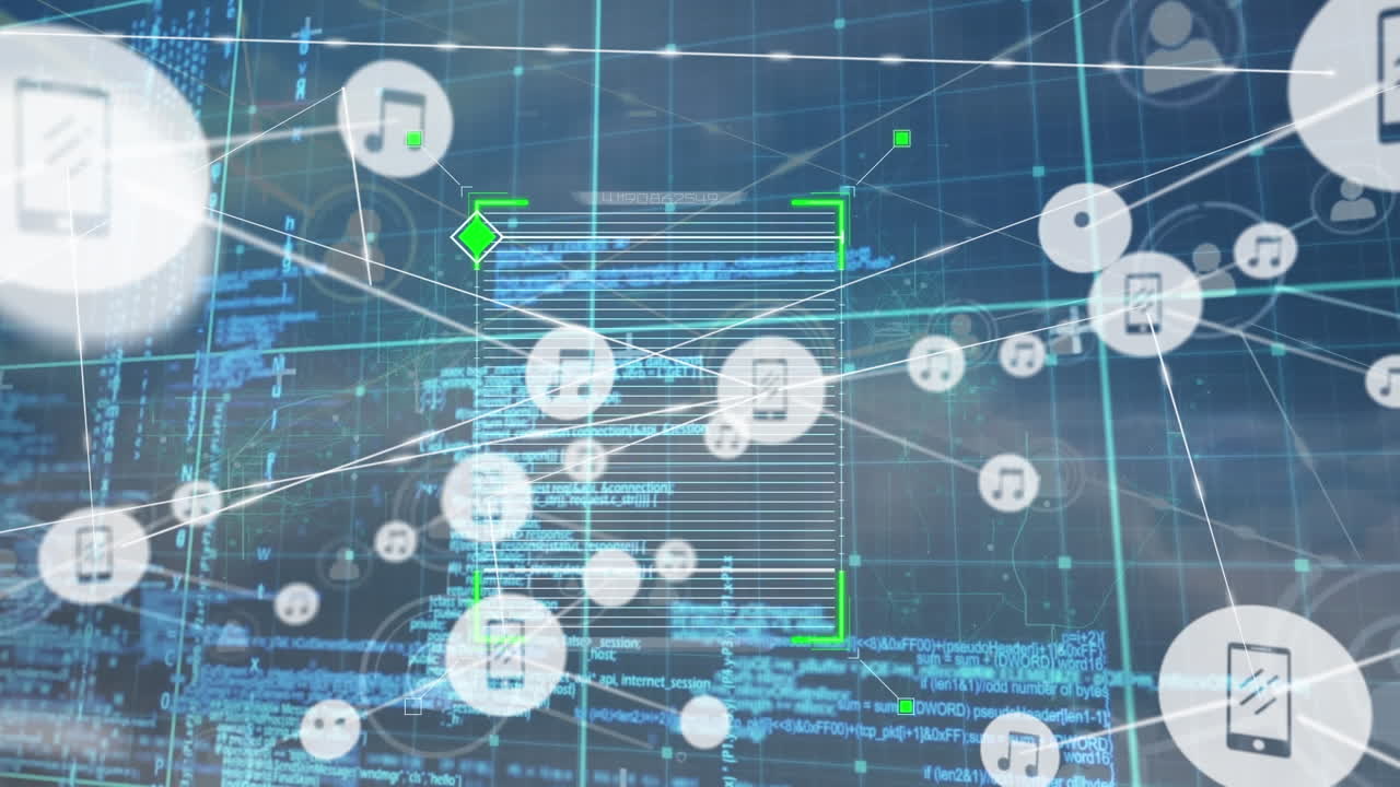 아이콘과 데이터 처리와 함께 연결 네트워크의 애니메이션 구름과 함께 하늘 위에