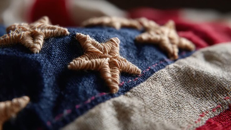 Close-Up View of Detailed Embroidery on Fabric, Featuring Stars and Stripes in Rich Textures and Colors, Highlighting Artisan Craftsmanship and Design Elements