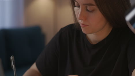autoeducación por tutoriales de video en línea y seminarios web mujer está tomando notas y viendo en la pantalla de la computadora portátil un retrato de primer plano en casa por la noche