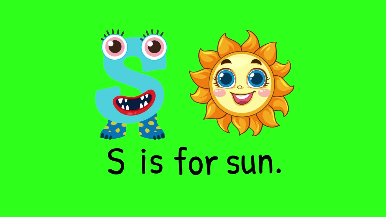 Bright, playful animation teaching the letter S with a cheerful sun character on a green background