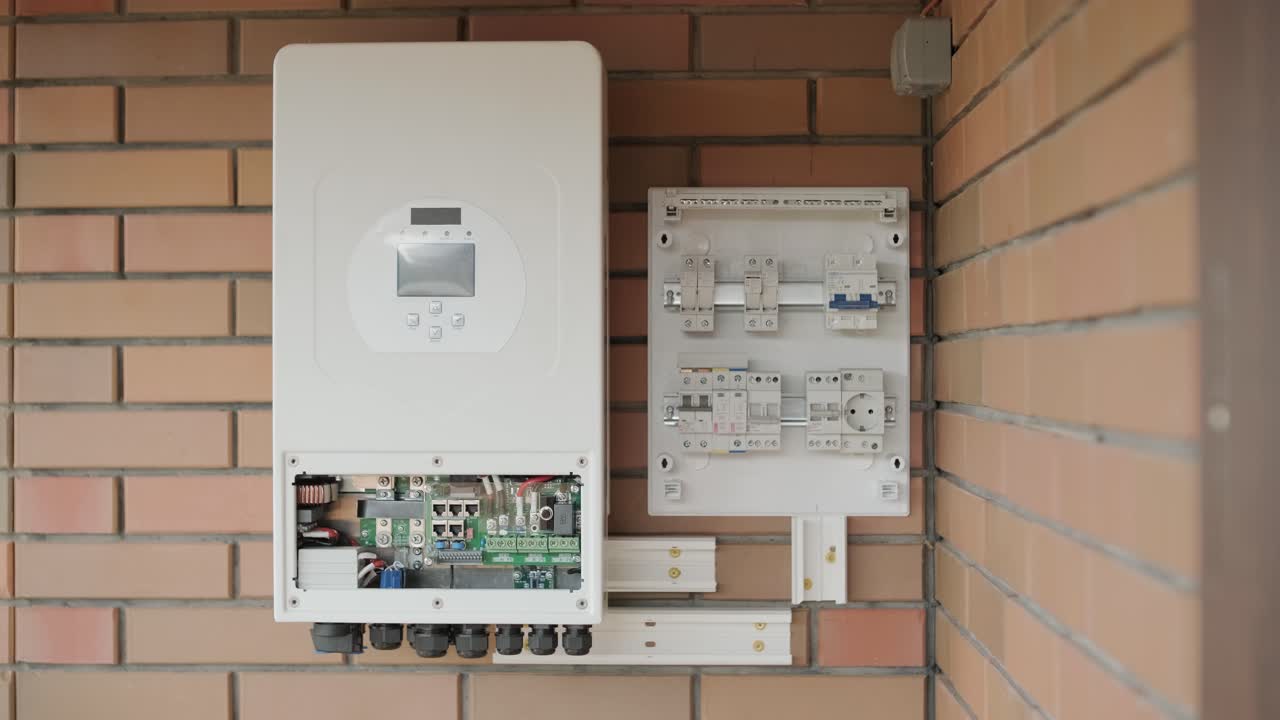 An electrician installing an inverter in a home. The image shows technical skill, modern tools, and attention to safety in electrical work