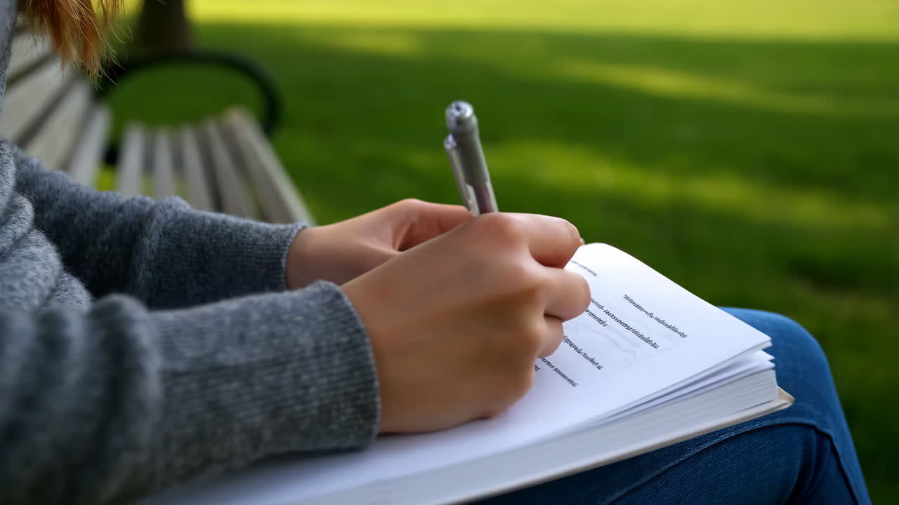Person writing in a notebook outdoors