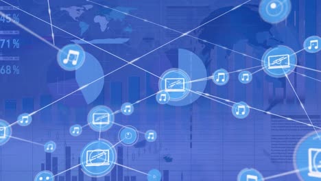 Animation-of-network-of-digital-icons-and-statistical-data-processing-against-spinning-globe