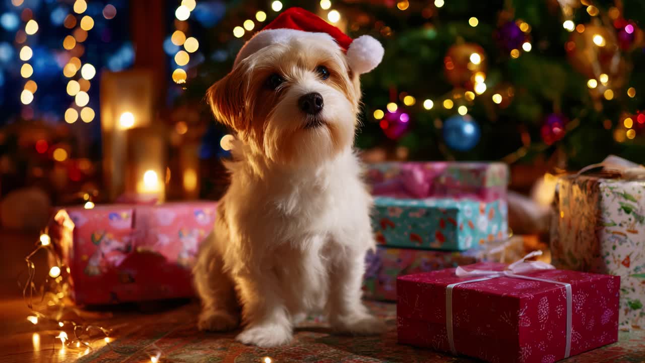 Adorable Dog in Santa Hat Surrounded by Colorful Christmas Decorations and Gifts, Evoking a Heartwarming Holiday Spirit Filled with Joy, Warmth, and Festivity in a Cozy Setting