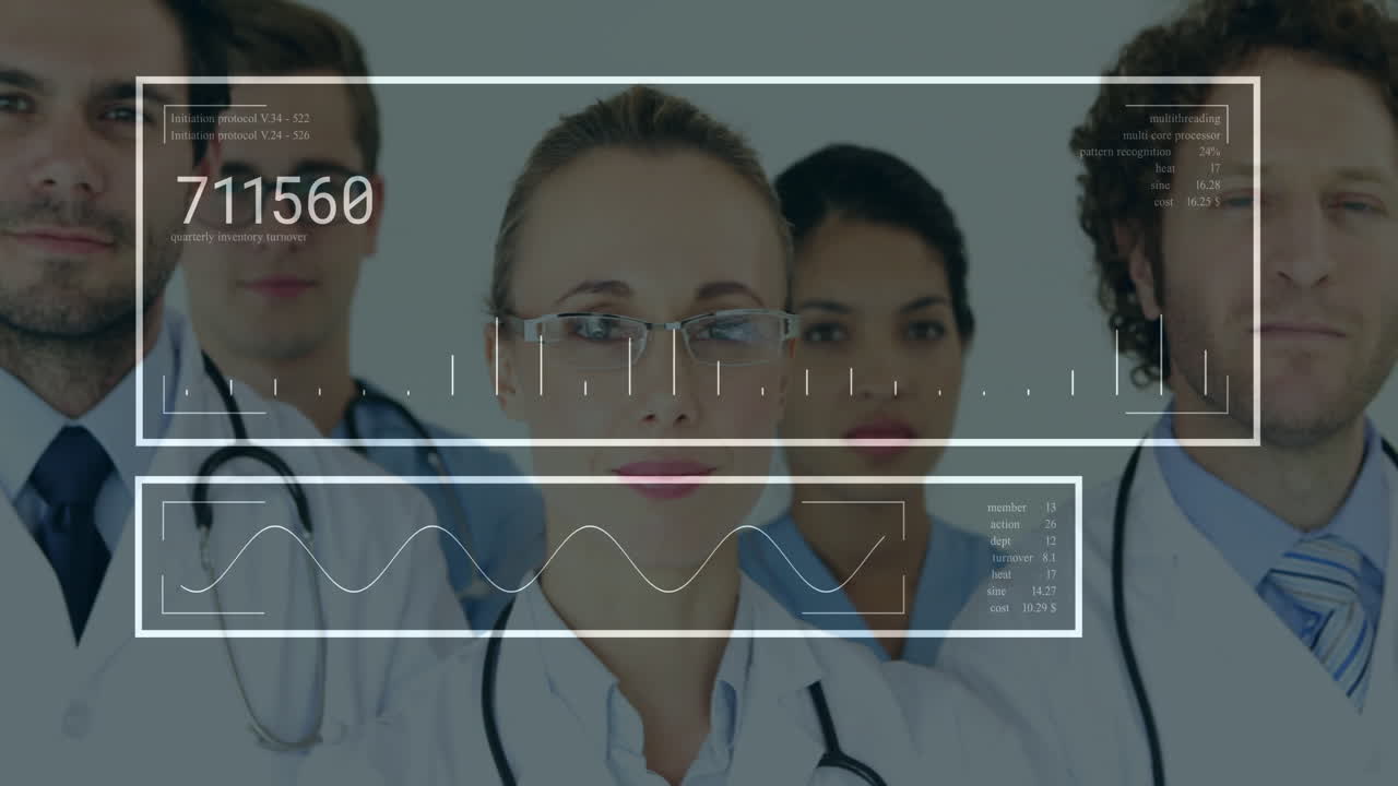 Standing together, medical professionals reviewing data with digital animation overlay