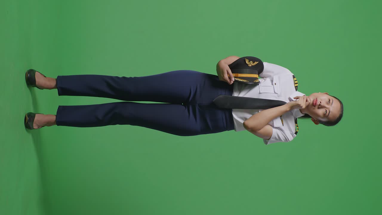 아시아 여성 조종사가 무언가에 대해 생각하고 녹색 스크린 배경 스튜디오에 서있는 동안 주위를 둘러보고 있습니다.