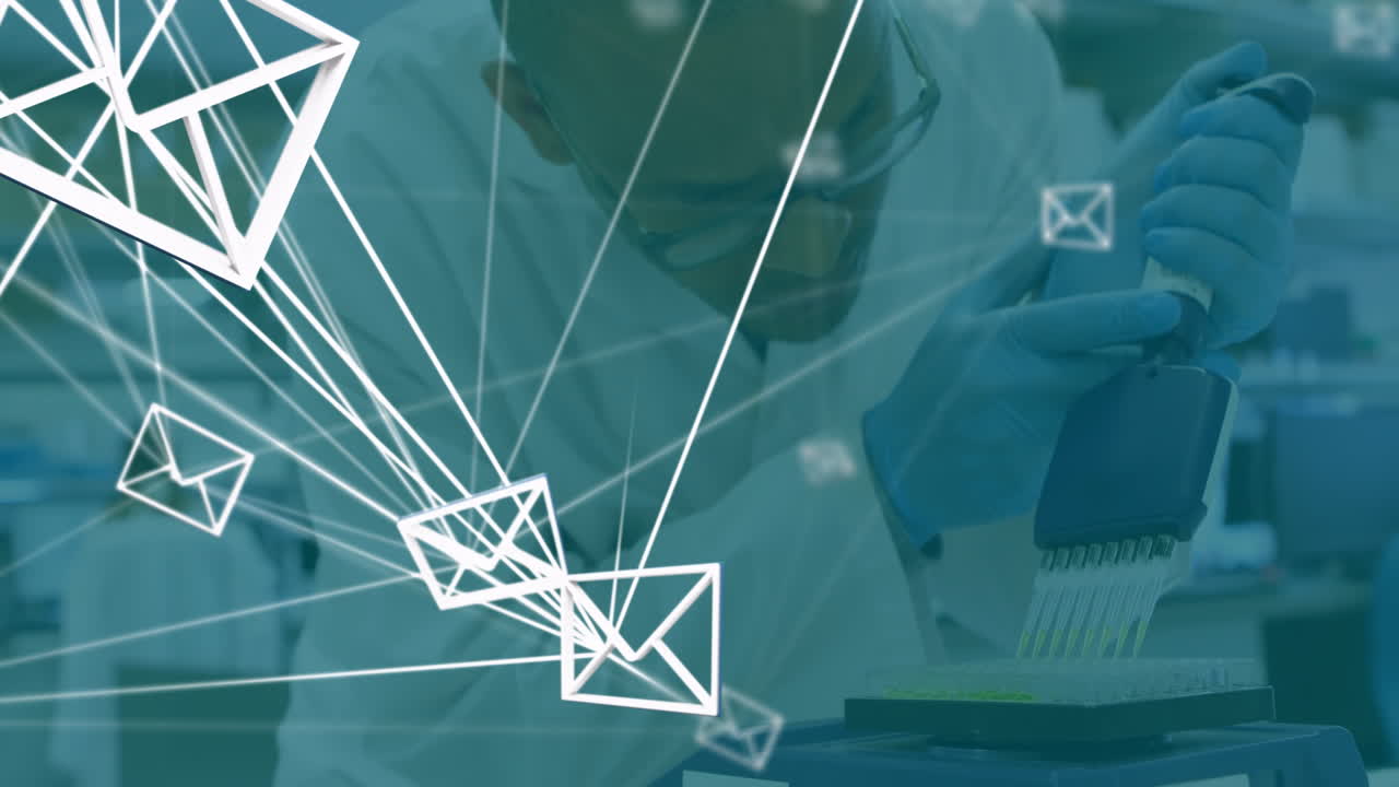 Male scientist dispensing green liquid into microplate wells in science lab, showing envelope icons