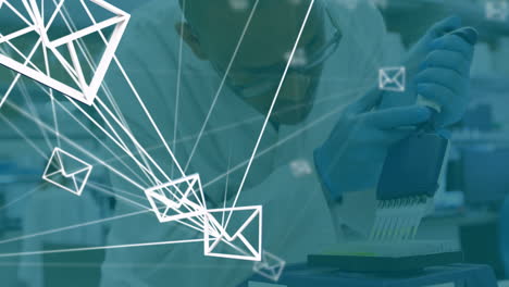 male scientist dispensing green liquid into microplate wells in science lab, showing envelope icons